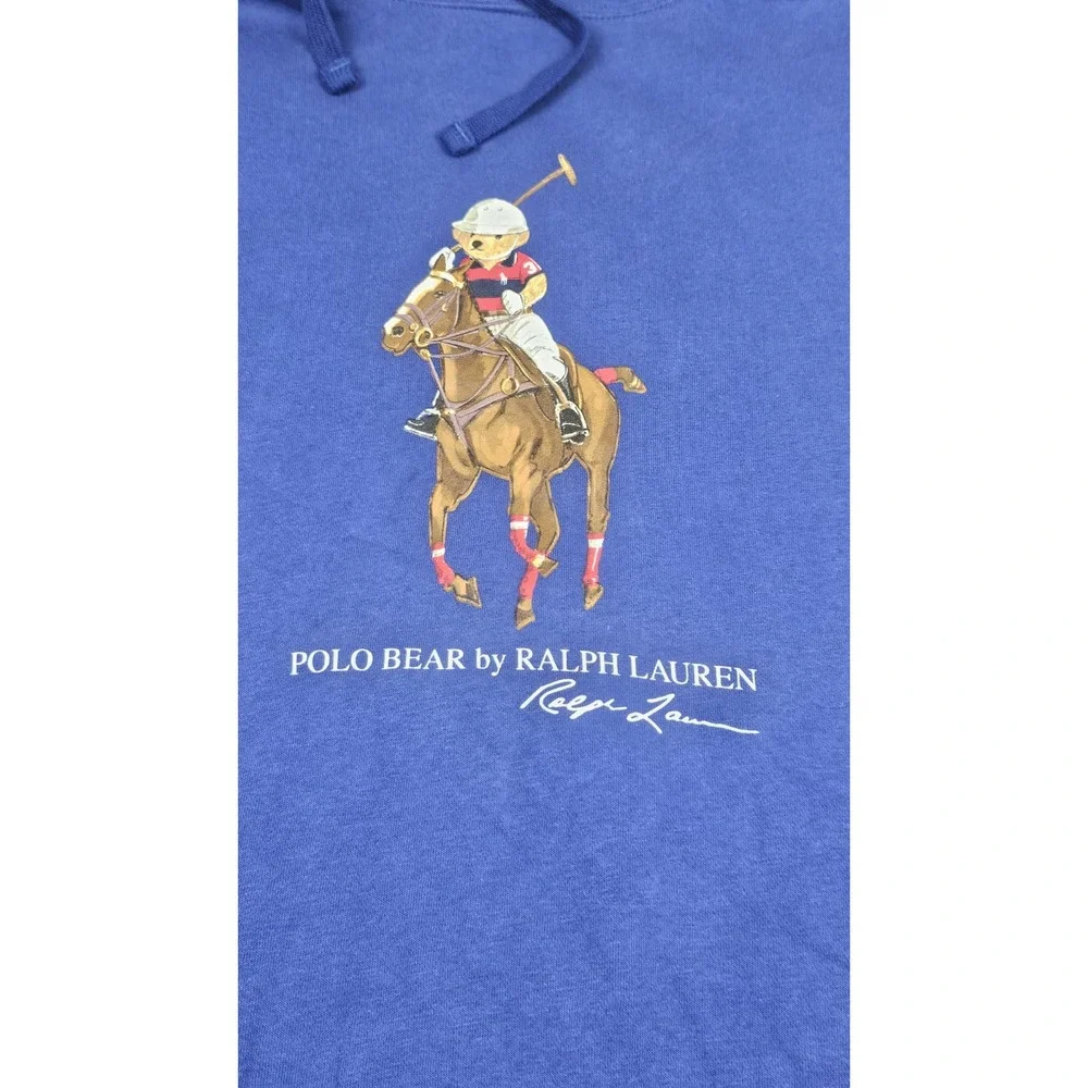 Polo Ralph Lauren Hoodie Mens Small Royal Blue Polo Bear Pullover Graphic Pocket